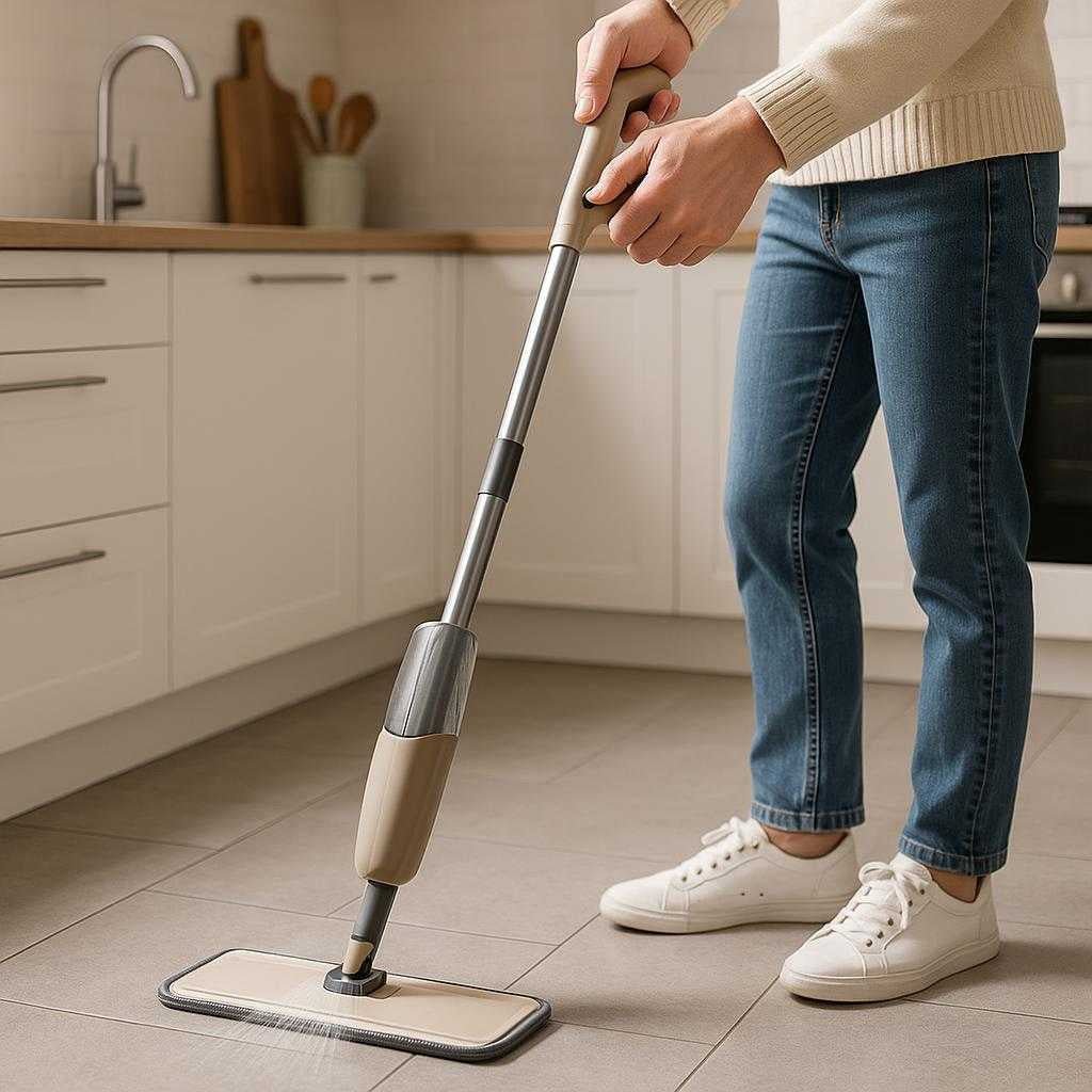 genopfyldelig-spraymoppe-med-hj-kvalitet-til-effek_15061927330179_scene1 Genopfyldelig Spraymoppe med Høj Kvalitet til Effektiv Rengøring af Gulve i Moderne Design: A realistic modern kitchen with sleek tile flooring where the Genopfyldelig Spraymoppe is properly grounded on the floor, being actively used by a person.