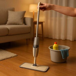 Genopfyldelig Spraymoppe med Høj Kvalitet til Effektiv Rengøring af Gulve i Moderne Design: A different realistic living room setting with hardwood floors, where the Genopfyldelig Spraymoppe is securely positioned on the floor near a cozy, carpeted area.