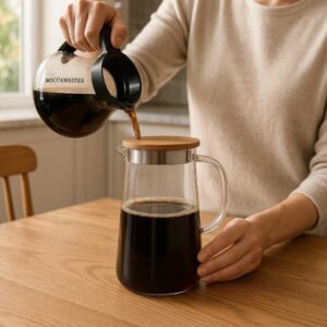 Glaskande med Låg og Hældetud i Træ – Høj Kvalitet og Elegant Design til Vand og Moccamaster: A realistic kitchen setting where the glass jug with wooden lid and spout is properly grounded on a wooden dining table, being actively used by a person pouring freshly brewed coffee from a Moccamaster.