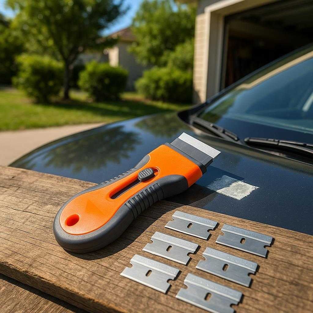 glasskraber-med-udskiftelige-klinger-ergonomisk-hndtag-i-orange-og-gul-an-outdoor-workspace-on-a_15222256304515_scene2 Glasskraber med Udskiftelige Klinger - Ergonomisk Håndtag i Orange og Gul. An outdoor workspace on a bright day, where the glass scraper is used to clean a stubborn sticker from a car windshield. The tool lies on a workbench next to a set of extra blades, emphasizing its versatility and preparedness for various tasks. Natural light casts soft shadows, and an open garage in the background suggests a DIY enthusiast’s environment, highlighting the tool's role in automotive care and maintenance.