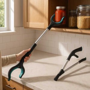 Gribe værktøj i plastik, aluminium og gummi - Blå, Orange, Grøn - Ergonomisk og let at bruge: A realistic home kitchen setting where the grabber tool is properly grounded on a marble countertop, being actively used by a hand to reach and grab a jar from an upper shelf, with natural lighting from a window casting realistic shadows on the countertop and showing clear contact points where the grabber's handle is held and its claw grasps the jar.