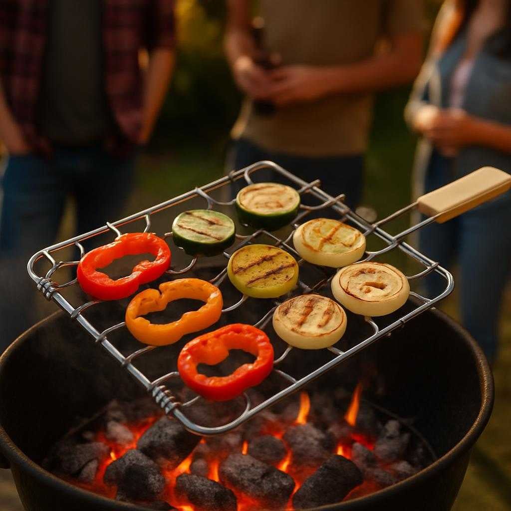 grillkurv-i-rustfrit-stl-med-trhndtag-hj-kvalitet-til-madlavning-the-stainless-steel-grill-basket_15243726586243_scene1 Grillkurv i Rustfrit Stål med Træhåndtag - Høj Kvalitet til Madlavning. The stainless steel grill basket with a wooden handle is sizzling over hot charcoal, filled with perfectly seared vegetables during a backyard barbecue, with friends gathered around.