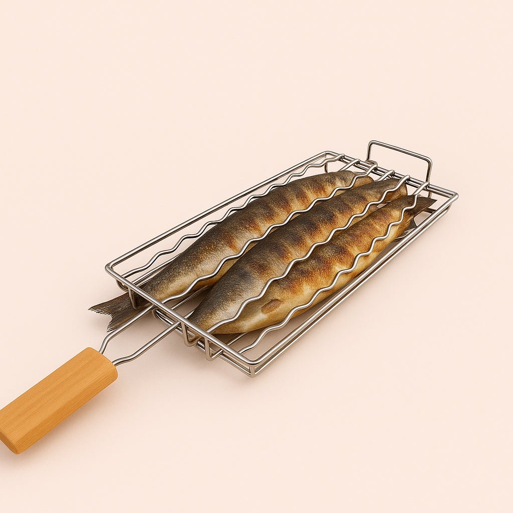 grillkurv-i-rustfrit-stl-til-plser-grntsager-og-fisk-hj-kvalitet-til-perfekt-grilloplevelse-the-high-quality-grill-basket-filled_15243618681219_scene2 Enhanced Grillkurv i rustfrit stål til pølser, grøntsager og fisk - Høj Kvalitet til Perfekt Grilloplevelse. The high-quality grill basket, filled with perfectly cooked fish, is resting on a picnic table at a lakeside gathering, with the serene water reflecting the early evening sky.