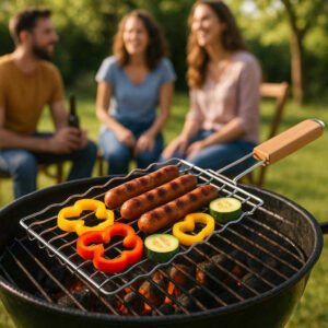 Grillkurv i rustfrit stål til pølser, grøntsager og fisk - Høj Kvalitet til Perfekt Grilloplevelse. The sleek stainless steel grill basket is sizzling with sausages and vegetables on a charcoal grill during a sunny backyard barbecue, with friends chatting and laughing nearby.