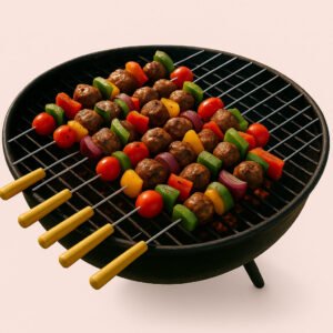 Enhanced Grillspyd i Rustfrit Stål med Træhåndtag – Høj Kvalitet til Perfekt Grillmad. A group of Grillspyd i Rustfrit Stål med Træhåndtag skewers are loaded with colorful vegetables and meats, sizzling over an open charcoal grill during a sunny outdoor barbecue.