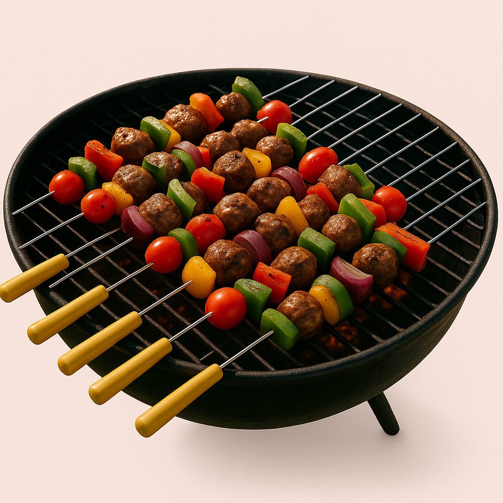 grillspyd-i-rustfrit-stl-med-trhndtag-hj-kvalitet-til-perfekt-grillmad-a-group-of-grillspyd-i_15243735499139_scene1 Enhanced Grillspyd i Rustfrit Stål med Træhåndtag – Høj Kvalitet til Perfekt Grillmad. A group of Grillspyd i Rustfrit Stål med Træhåndtag skewers are loaded with colorful vegetables and meats, sizzling over an open charcoal grill during a sunny outdoor barbecue.