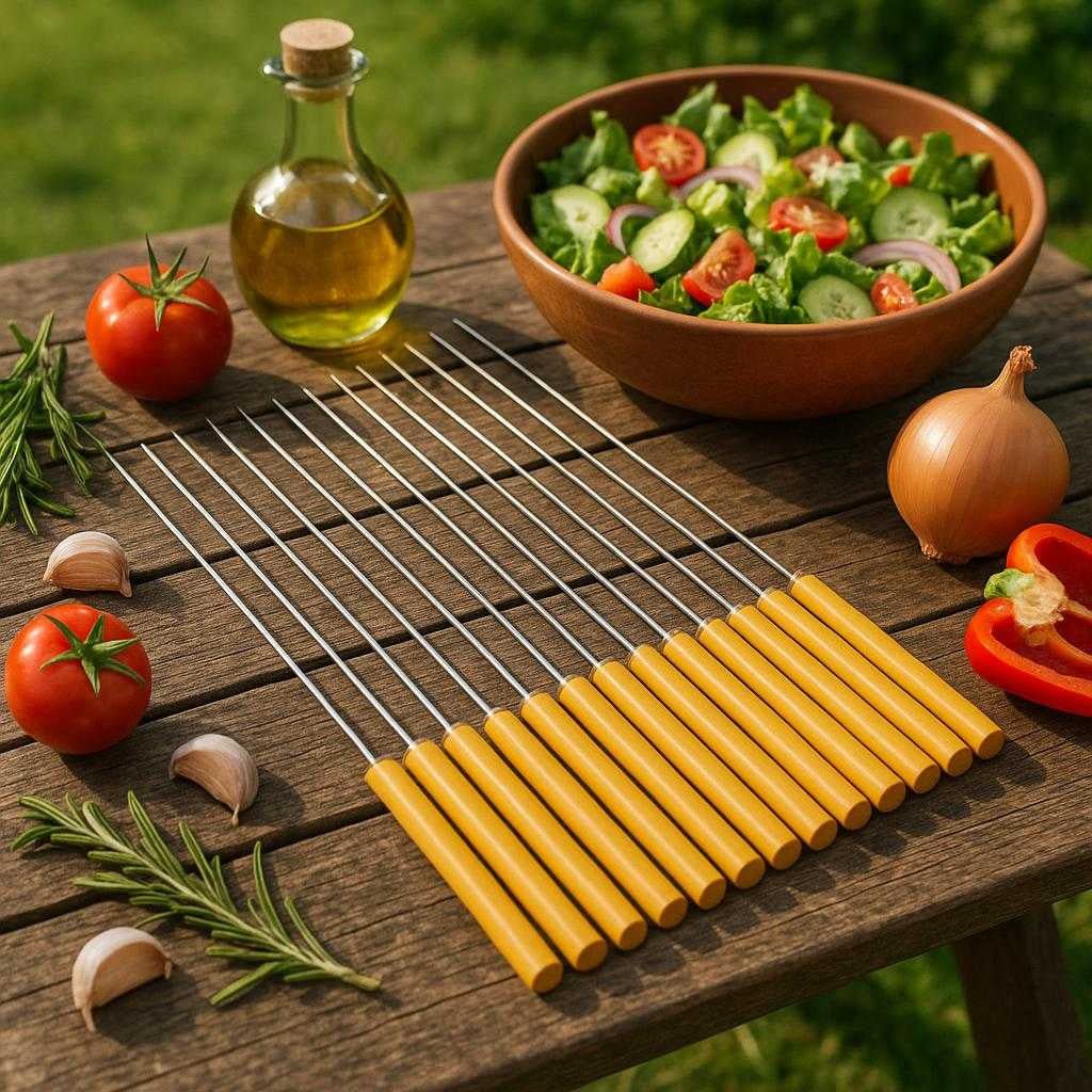 grillspyd-i-rustfrit-stl-med-trhndtag-hj-kvalitet-til-perfekt-grillmad-the-grillspyd-i-rustfrit-stl_15243735499139_scene2 Grillspyd i Rustfrit Stål med Træhåndtag – Høj Kvalitet til Perfekt Grillmad. The Grillspyd i Rustfrit Stål med Træhåndtag skewers are artistically displayed on a rustic wooden picnic table, surrounded by fresh ingredients and a vibrant salad bowl in a garden setting.