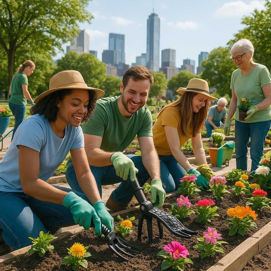 hakkest-med-kler-ergonomisk-design-og-effektivt-til-havearbejde-sort-abs-plast-a-bustling-community-gardening-event_15221160706435_scene2 Hakkesæt med kløer – Ergonomisk design og effektivt til havearbejde, Sort ABS-plast. A bustling community gardening event in a sunny urban environment, showcasing the Hakkesæt med kløer in use. The tool is being shared amongst enthusiastic volunteers who are planting a variety of flowers in neatly arranged garden beds. The background features a city skyline and colorful garden carts filled with plants and seeds, exuding a sense of community spirit and green urban living.