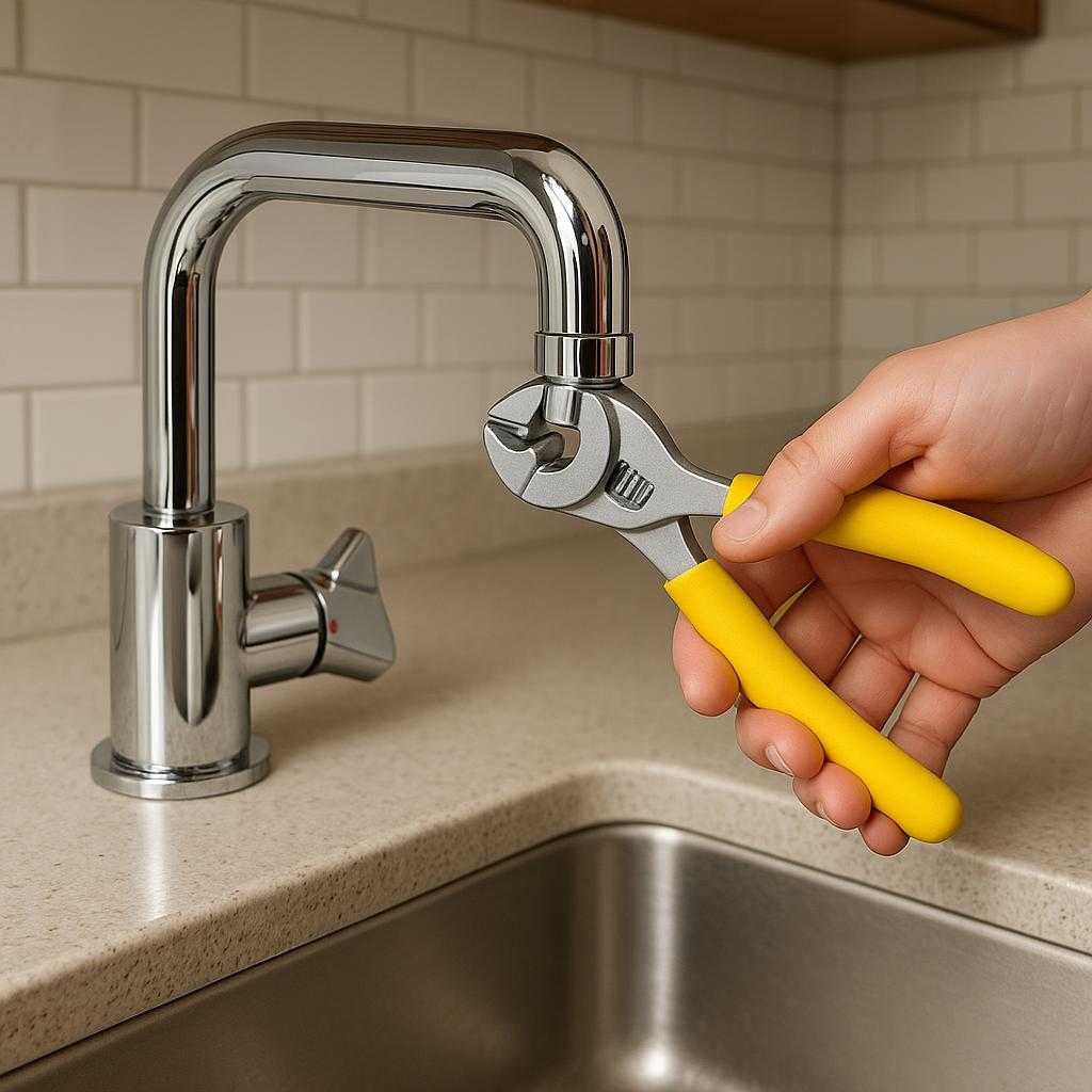 hane-ngle-i-gul-med-ergonomisk-hndtag-og-holdbar-m_15387090715011_scene1 Hane nøgle i gul med ergonomisk håndtag og holdbar metal konstruktion: A realistic kitchen setting where the wrench is properly grounded on a kitchen counter, being actively used by a person to tighten a faucet.