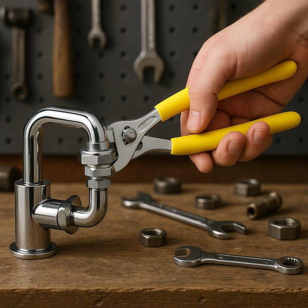 hane-ngle-i-gul-med-ergonomisk-hndtag-og-holdbar-m_15387090715011_scene2 Hane nøgle i gul med ergonomisk håndtag og holdbar metal konstruktion: A different realistic garage setting where the wrench is securely positioned on a workbench, being used to adjust a pipe fitting.