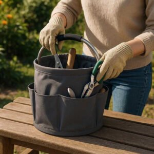 Havekurv med Håndtag og Lommer - Grå, Mørkeblå, Mørkegrøn, Sort - Praktisk Opbevaring: A realistic garden setting where the product is properly grounded on a wooden bench, being actively used by a person placing gardening tools inside its pockets and main compartment.