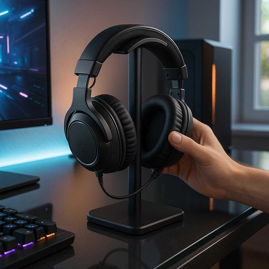 headset-holder-i-sort-professionel-minimalistisk_15061928280451_scene1 Headset Holder i Sort – Professionel Minimalistisk Stand til Gaming Hovedtelefoner: A realistic modern gaming setup where the headset holder is properly grounded on a sleek glass computer desk, actively used by holding a pair of high-end gaming headphones.