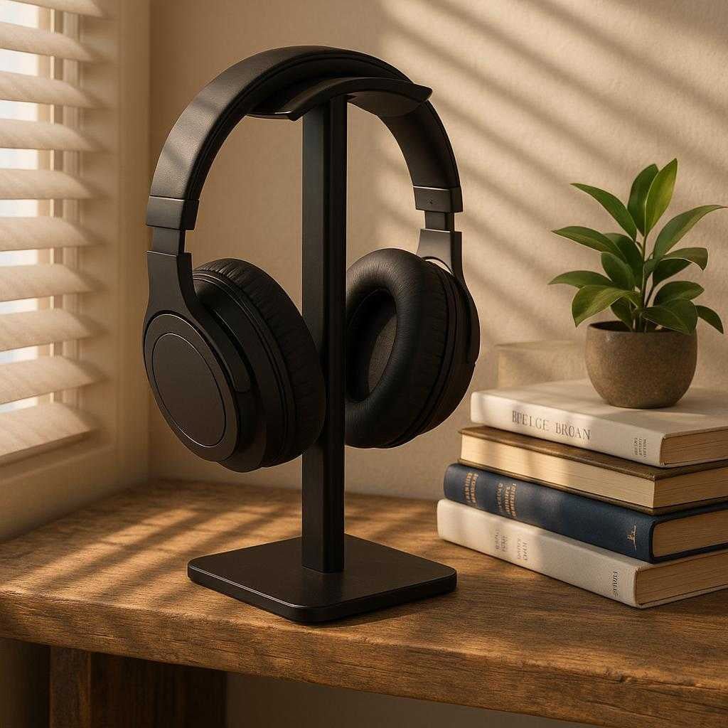 headset-holder-i-sort-professionel-minimalistisk_15061928280451_scene2 Headset Holder i Sort – Professionel Minimalistisk Stand til Gaming Hovedtelefoner: A different realistic home office setting where the headset holder is securely positioned on a rustic wooden shelf, naturally placed beside a stack of books and a small potted plant.