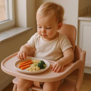 Højstolsbakke i moderne design - Aftagelig, nem at rengøre, tilgængelig i 6 farver: A realistic kitchen setting where the product is properly grounded on a highchair, being actively used by a toddler during lunchtime.