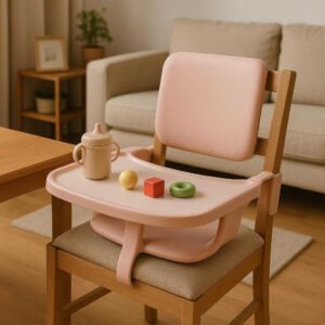 Højstolsbakke i moderne design - Aftagelig, nem at rengøre, tilgængelig i 6 farver: A different realistic family living room scene where the product is securely positioned on a dining chair, naturally placed as part of a play setup with toys and a sippy cup, suggesting a multipurpose use.