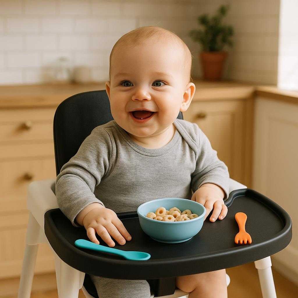 hjstolsbakke-i-moderne-design-praktisk-og-stilfu_15219765543299_scene1 Højstolsbakke i Moderne Design - Praktisk og Stilfuld Spisebakke til Baby Højstol i Sort, Hvid og Grå: A realistic kitchen setting where the product is properly grounded on a highchair, actively being used by a smiling baby sitting in the chair, with natural lighting casting realistic shadows on the tray and clear contact points where the tray attaches to the chair.