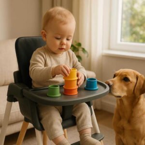 Højstolsbakke i Moderne Design - Praktisk og Stilfuld Spisebakke til Baby Højstol i Sort, Hvid og Grå: A different realistic living room environment where the product is securely positioned on a modern highchair, naturally placed with a toddler sitting and playing with stacking toys on the tray.