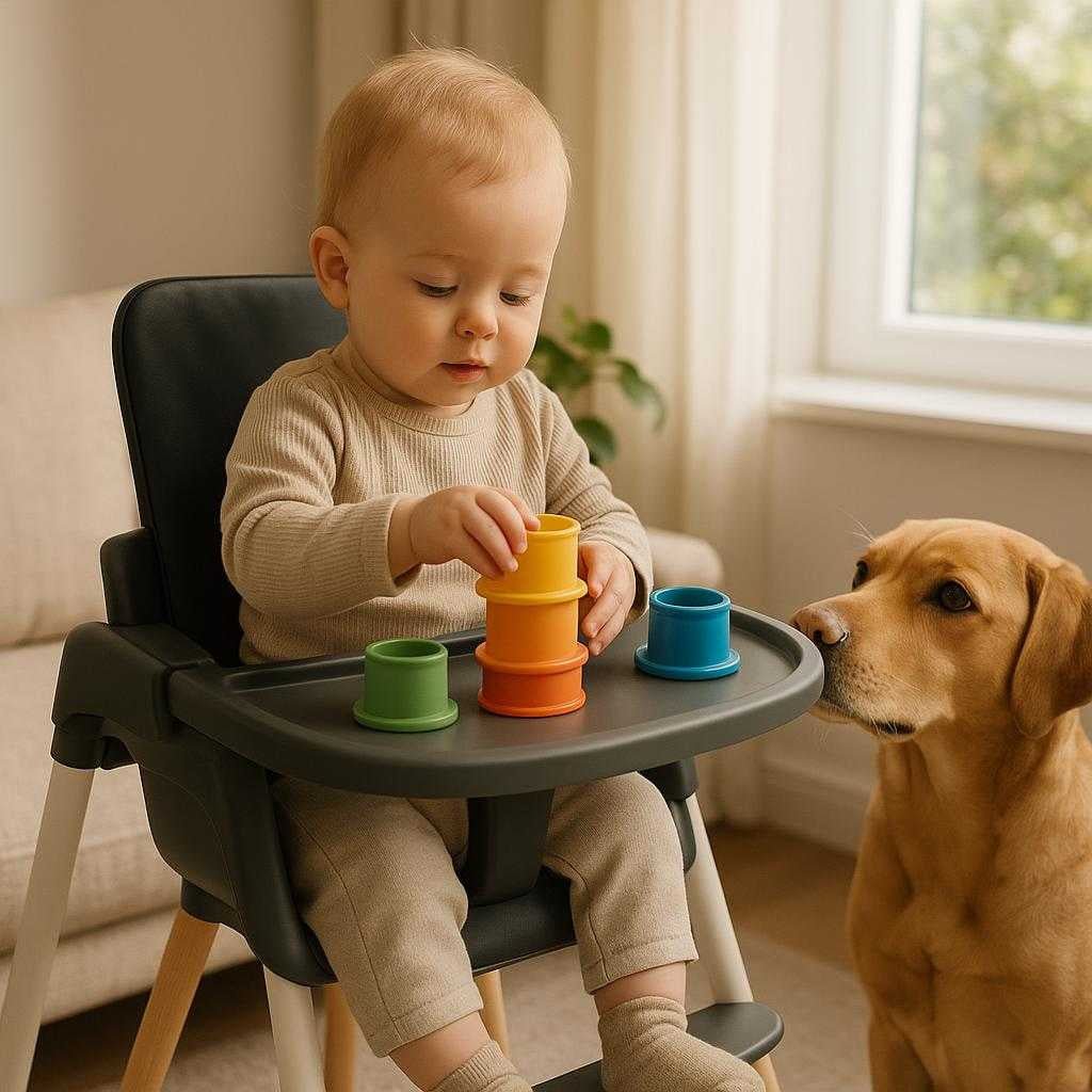 hjstolsbakke-i-moderne-design-praktisk-og-stilfu_15219765543299_scene2 Højstolsbakke i Moderne Design - Praktisk og Stilfuld Spisebakke til Baby Højstol i Sort, Hvid og Grå: A different realistic living room environment where the product is securely positioned on a modern highchair, naturally placed with a toddler sitting and playing with stacking toys on the tray.