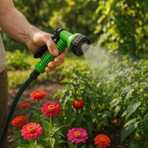 Højtrykssprøjte med 7 Sprøjtefunktioner - Velegnet til Havebrug og Rengøring: A realistic garden setting where the high-pressure spray nozzle is properly grounded in a gardener's hand, actively being used to water a variety of blooming plants and vegetables.