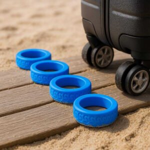 Hjulbeskyttere til Kuffert – Professionelle Gummiringe i Blå, Grå, Lyserød, Orange, Sort – Beskyt Dine Kuffert-Hjul Mod. Close-up view of the sturdy blue suitcase wheel protectors nestled on a beach boardwalk, illustrating their durability against sand and grit while a suitcase stands nearby on its wheels.