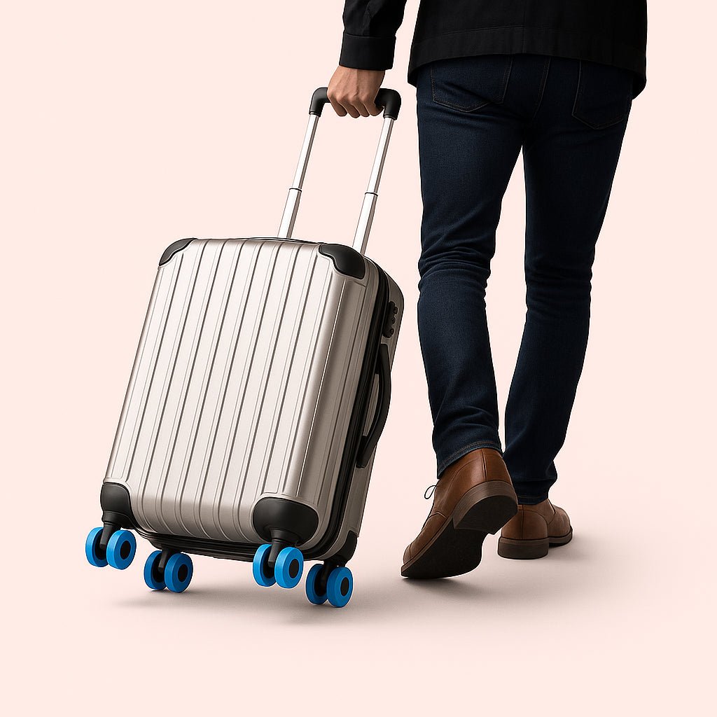 hjulbeskyttere-til-kuffert-professionelle-gummiringe-i-bl-gr-lyserd-orange-sort-beskyt-dine-kuffert-hjul-mod-the-professional-blue-rubber-suitcase_15251535167875_scene1 Enhanced Hjulbeskyttere til Kuffert – Professionelle Gummiringe i Blå, Grå, Lyserød, Orange, Sort – Beskyt Dine Kuffert-Hjul Mod. The professional blue rubber suitcase wheel protectors are securely attached to each wheel of a suitcase being wheeled smoothly through a bustling airport, preventing wear as the traveler navigates through crowds.