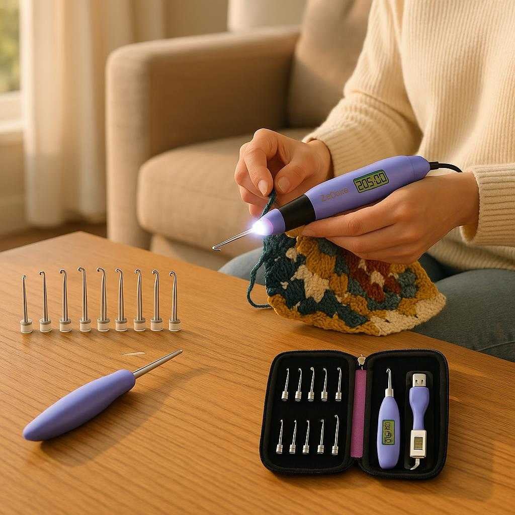 hklenle-med-lys-i-bl-plastik-metal-gummi-indby_15378302206339_scene1 Hæklenåle med lys i blå - Plastik, Metal, Gummi - Indbygget lys, Digital tæller: A realistic cozy living room setting where the crochet hooks with light are properly grounded on a wooden coffee table.