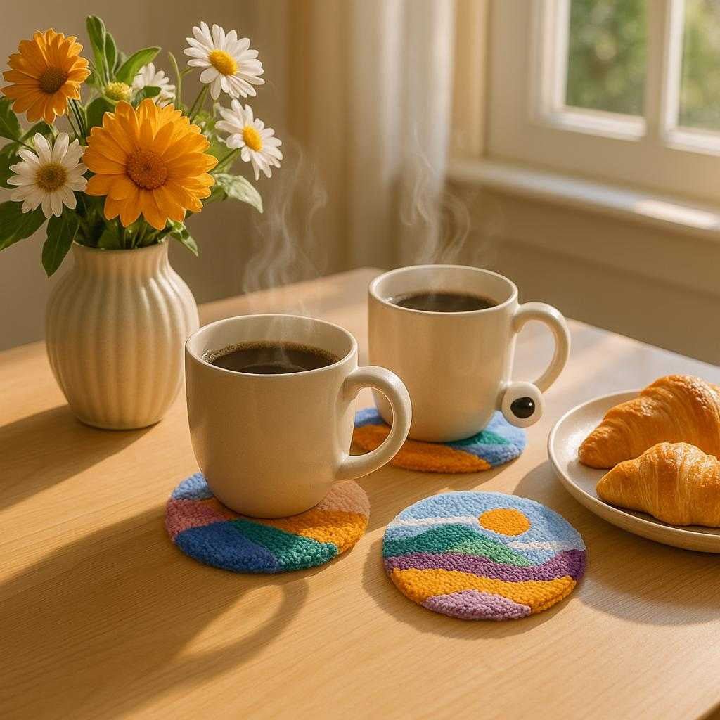 hklet-bordskner-med-kunstnerisk-design-beskyt-dine-overflader-med-stil-a-cozy-breakfast-table-setting_15237047124355_scene1 Hæklet bordskåner med kunstnerisk design - Beskyt dine overflader med stil. A cozy breakfast table setting with the artistic crocheted coasters placed under steaming mugs of coffee, next to a vase of fresh flowers and a plate of croissants, capturing the morning sunlight streaming through a kitchen window.