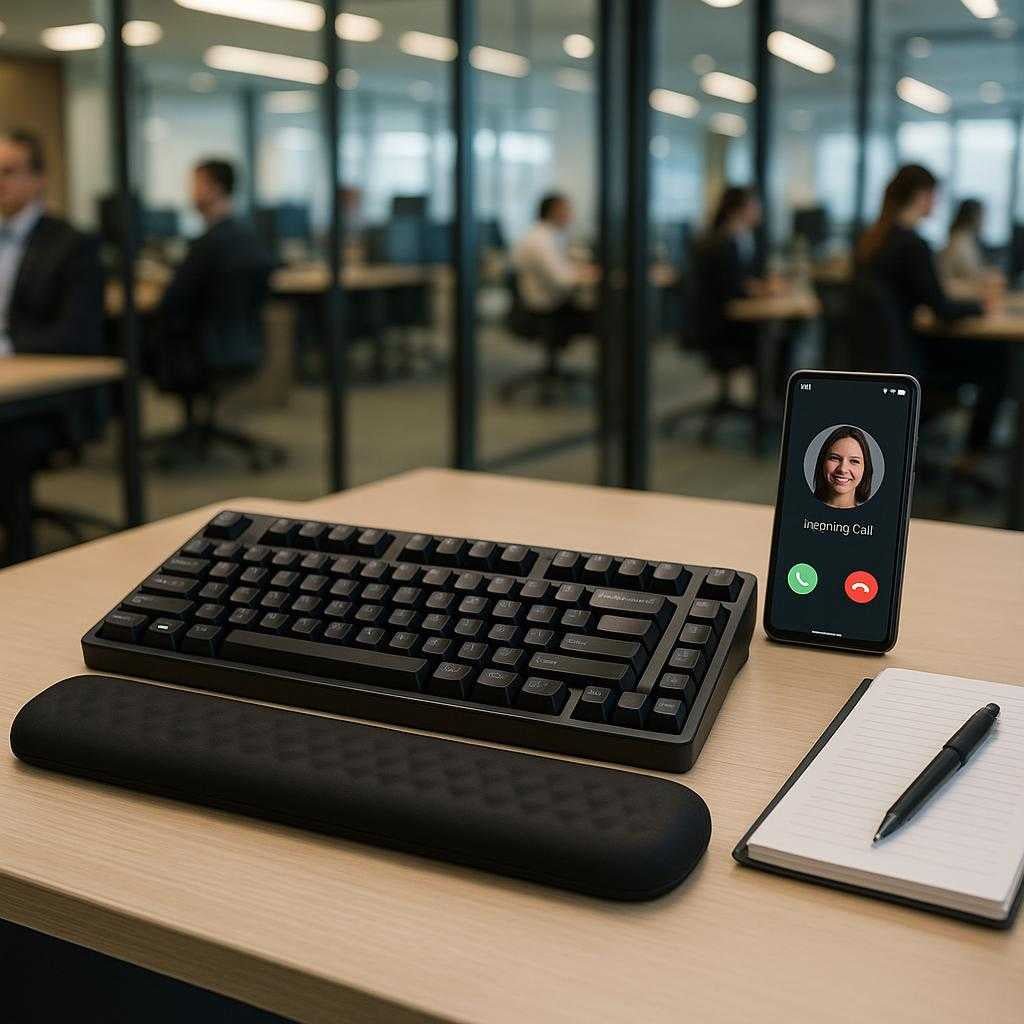 hndledssttte-til-tastatur-ergonomisk-design-med-memory-skum-tilgngelig-i-sort-og-lysegr-a-bustling-corporate-office-environment_15226369737091_scene2 Håndledsstøtte til tastatur - Ergonomisk design med memory-skum - Tilgængelig i Sort og Lysegrå. A bustling corporate office environment, where the gray ergonomic wrist rest is situated in front of a keyboard on a contemporary desk. The scene is lit by ambient overhead lighting, reflecting off glass partitions. Nearby, a smartphone displays an incoming video call, and a notepad with pen rests easily accessible, highlighting the wrist rest’s role in maintaining a professional and focused workspace.