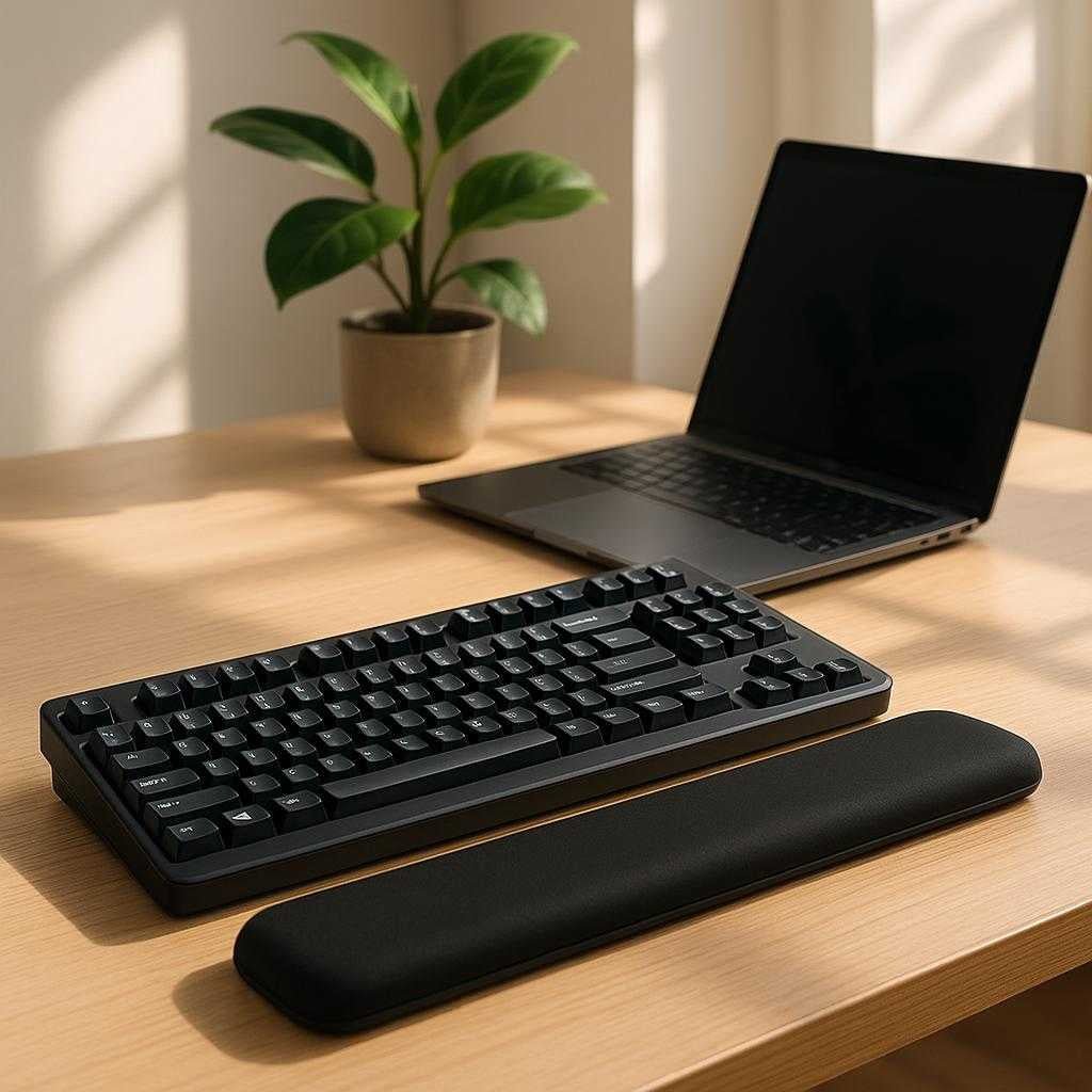 hndledssttte-til-tastatur-ergonomisk-design-med-memory-skum-tilgngelig-i-sort-og-lysegr-a-modern-home-office-setting_15226369737091_scene1 Håndledsstøtte til tastatur - Ergonomisk design med memory-skum - Tilgængelig i Sort og Lysegrå. A modern home office setting, where the ergonomic wrist rest in black is placed in front of a sleek keyboard on a wooden desk. Soft natural sunlight filters through a nearby window, casting gentle shadows. The scene is completed with a stylish laptop open next to an elegant houseplant, creating an inviting work environment that emphasizes productivity and comfort with the wrist rest providing essential support.