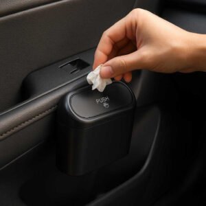 Hængende bilskraldespand i sort – Kompakt, let og fleksibel affaldsløsning til alle biltyper: A realistic car interior setting where the product is properly grounded on the passenger side door pocket, being naturally placed by the car's door as a driver casually disposes a small piece of trash, with natural lighting casting realistic shadows and showing clear contact points where the product touches the door.