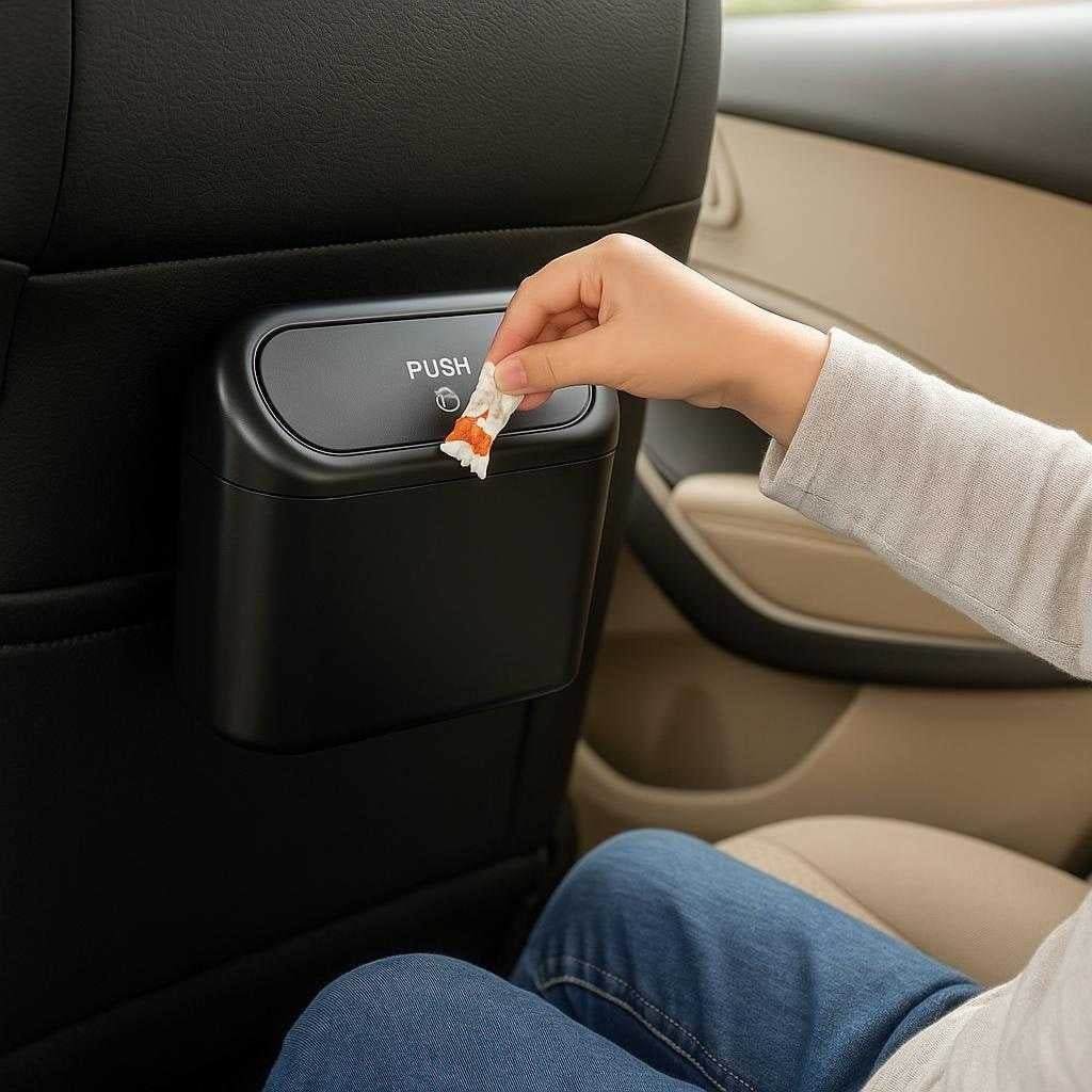 hngende-bilskraldespand-i-sort-kompakt-let-og-fle_15205072011651_scene2 Hængende bilskraldespand i sort – Kompakt, let og fleksibel affaldsløsning til alle biltyper: A different realistic setting in the backseat of a car, where the product is securely positioned on the back of the passenger seat, being used by a child who is casually dropping a candy wrapper into it, with proper physics, shadows, and realistic integration into the family-friendly environment.