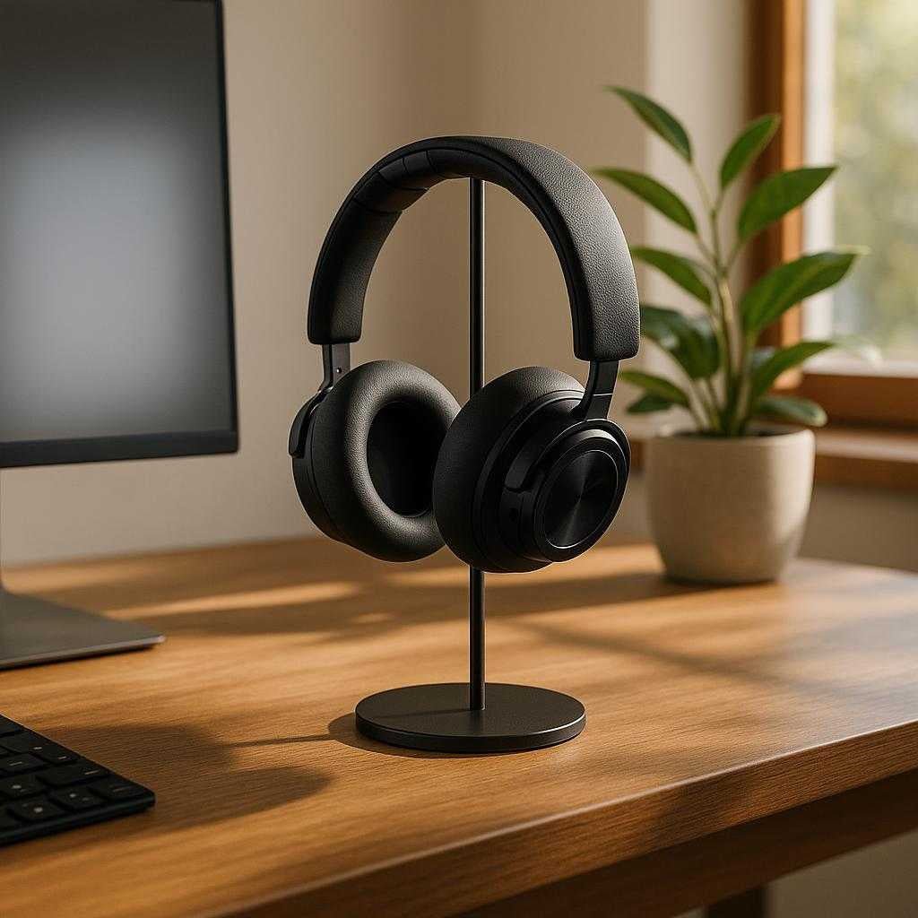 hovedtelefon-stativ-i-plastik-metal-lder-sorter_15378301354371_scene1 Hovedtelefon Stativ i Plastik, metal & Læder - Sortere, Grå, Gylden, Sølvfarvet: A realistic home office setup where the headphone stand is properly grounded on a wooden desk, with a computer monitor in the background and a potted plant beside it.