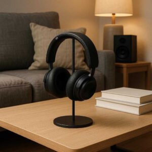 Hovedtelefon Stativ i Plastik, metal & Læder - Sortere, Grå, Gylden, Sølvfarvet: A different realistic living room environment where the headphone stand is securely positioned on a modern coffee table, placed near a sofa with a sound system and a stack of books.
