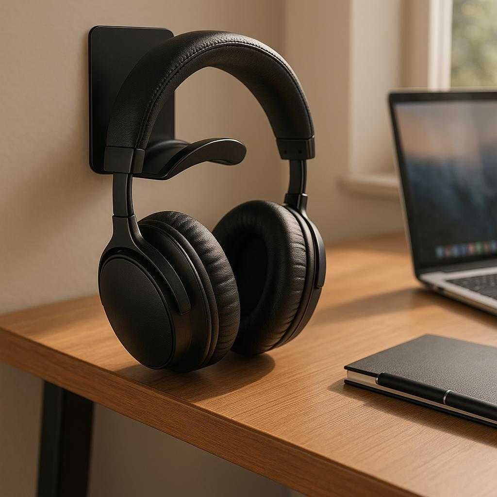 hovedtelefonholder-med-selvklbende-funktion-til_15219528761731_scene1 Hovedtelefonholder med Selvklæbende Funktion - Til Bord og Væg - Inkluderer Kabelorganisering - Tilgængelig i Sort, Blå, Lyserød og Hvid: A realistic home office setting where the product is properly grounded on the edge of a wooden desk, being used to neatly hold a pair of over-ear headphones.