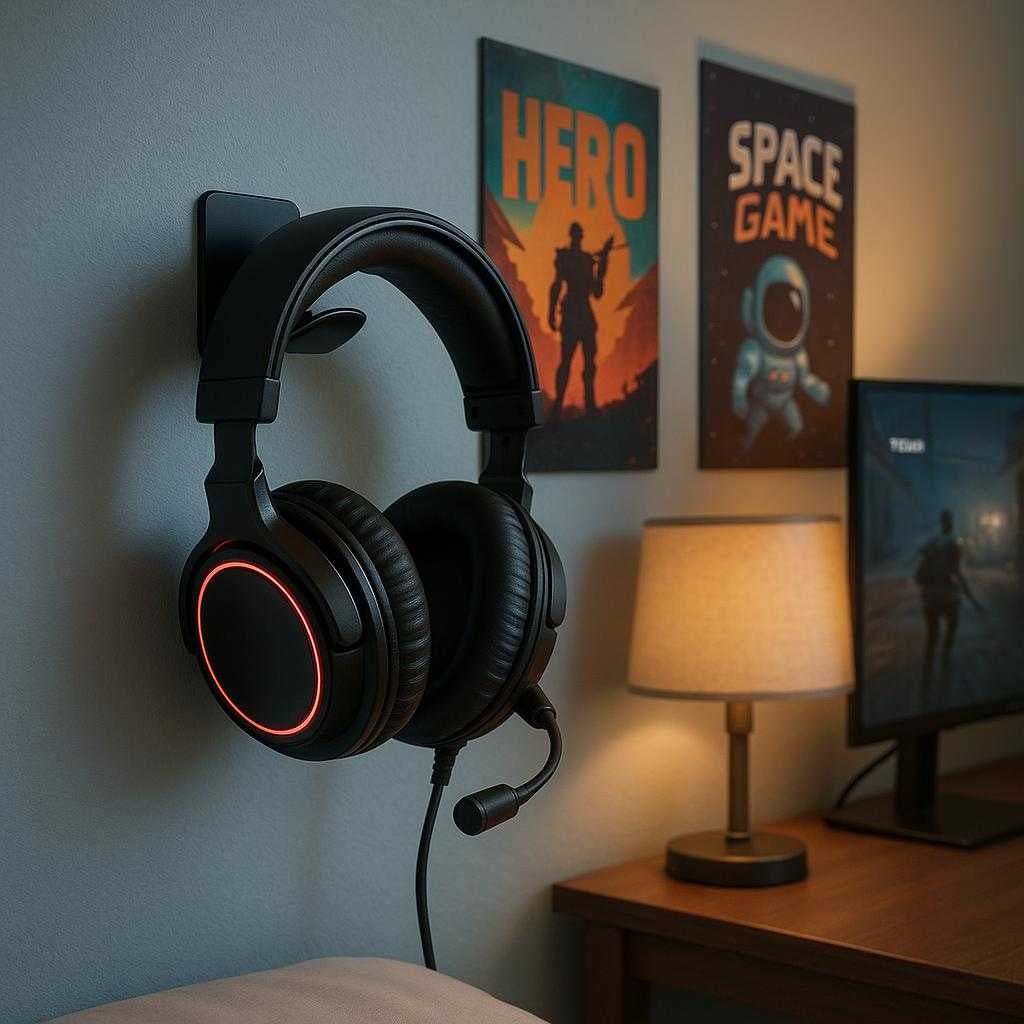 hovedtelefonholder-med-selvklbende-funktion-til_15219528761731_scene2 Hovedtelefonholder med Selvklæbende Funktion - Til Bord og Væg - Inkluderer Kabelorganisering - Tilgængelig i Sort, Blå, Lyserød og Hvid: A different realistic bedroom setting where the product is securely positioned on a wall next to a gaming setup, holding a pair of gaming headphones.