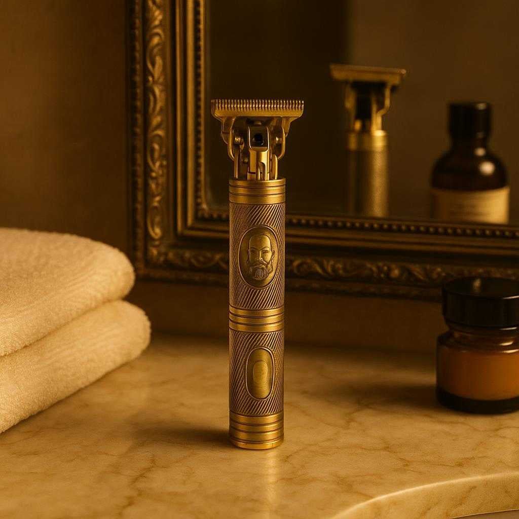 hrtrimmer-i-klassisk-design-prcis-klipning-med-holdbart-metal-materiale-i-guld-finish-a-luxurious-bathroom-setting-where_15233411088771_scene1 Hårtrimmer i klassisk design - Præcis klipning med holdbart metal materiale i guld finish. A luxurious bathroom setting, where the golden hair trimmer is placed elegantly on a marble countertop beside a vintage mirror. Soft, warm lighting creates a sophisticated ambiance, highlighting the trimmer's intricate metal detailing. Nearby, a neatly folded towel and classic grooming products add to the upscale atmosphere, emphasizing the trimmer's role in a refined grooming routine.
