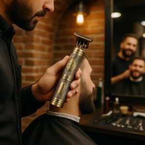 Hårtrimmer i klassisk design - Præcis klipning med holdbart metal materiale i guld finish. A trendy barbershop environment, where the hair trimmer is actively being used by a barber. The barbershop has exposed brick walls and industrial-style lighting, casting a natural glow that reflects off the trimmer's gold finish. In the background, a satisfied customer is enjoying the experience, while various barber tools are neatly organized, showcasing the trimmer as a centerpiece of professional grooming.