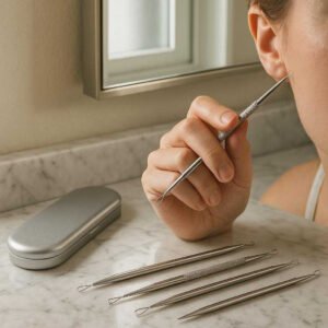 Hudormefjerner sæt i rustfrit stål – Professionel komplet værktøjssæt med etui til effektiv fjernelse af hudorme: A realistic bathroom setting where the product is properly grounded on a marble countertop, being actively used by a hand near a well-lit vanity mirror.