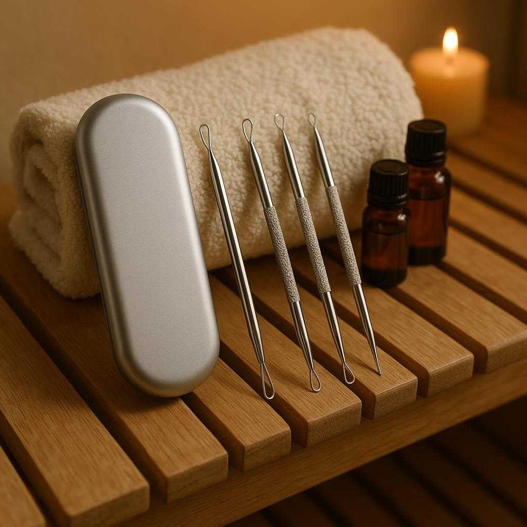 hudormefjerner-st-i-rustfrit-stl-professionel-kom_15061928870275_scene2 Hudormefjerner sæt i rustfrit stål – Professionel komplet værktøjssæt med etui til effektiv fjernelse af hudorme: A different realistic spa environment where the product is securely positioned on a wooden spa bench.