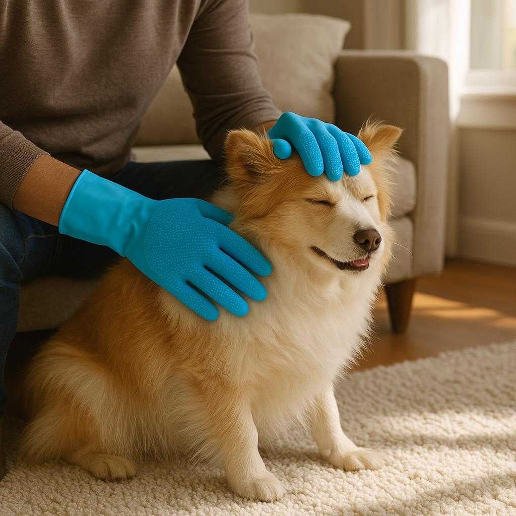 hundehandsker-med-silikonnopper-effektiv-pelsple_15061933490563_scene1 Hundehandsker med silikonnopper - Effektiv pelspleje og massage til alle pelstyper - Tilgængelig i blå og pink: A realistic grooming session in a cozy living room where the product is properly grounded on the floor, being actively used by a person wearing the gloves to gently groom a fluffy dog.