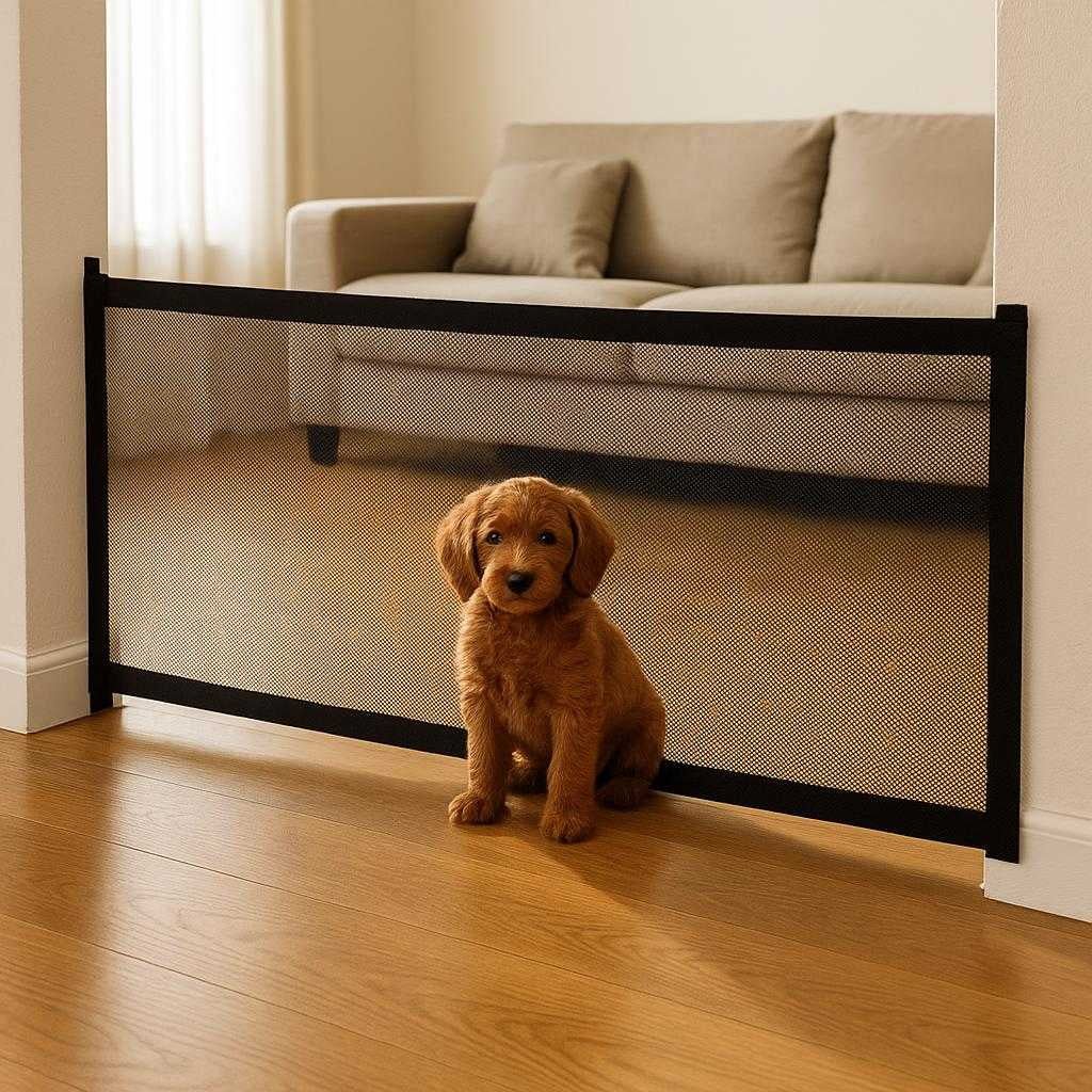 hundehegn-78×180-cm-foldbart-og-justerbart-sikker_15061933719939_scene1 Hundehegn 78x180 cm – Foldbart og justerbart sikkerhedshegn til kæledyr i sort: A realistic living room setting where the dog fence is properly grounded on a hardwood floor, being actively used to create a safe play area for a small dog.