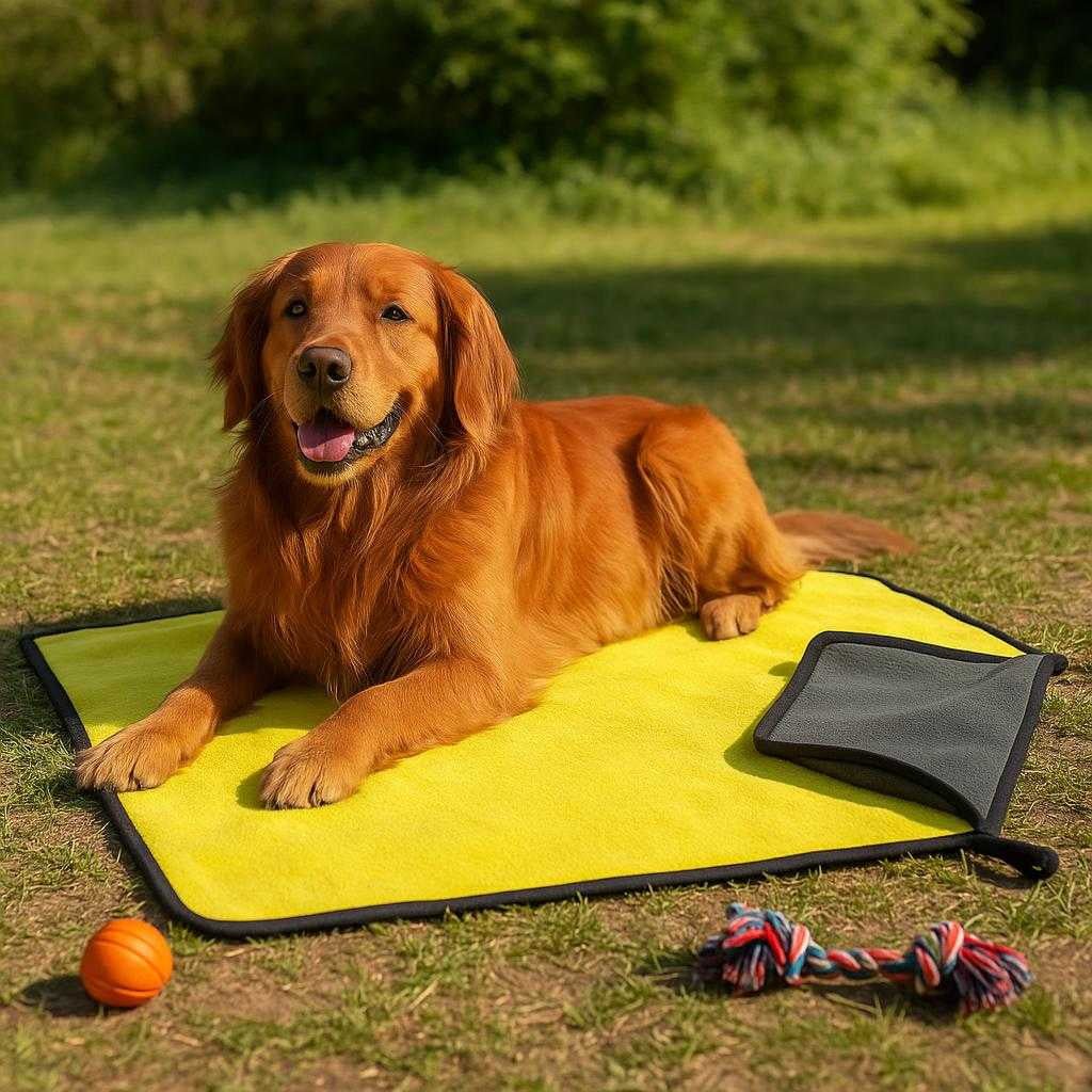 hundehndklde-i-mikrofiber-ultimativ-absorbering_15061921759619_scene2 Hundehåndklæde i Mikrofiber - Ultimativ Absorbering og Komfort til Din Hund, Avanceret Kvalitet: A different realistic outdoor setting where the Hundehåndklæde i Mikrofiber is securely positioned on a grassy picnic area, being used as a cozy resting spot for a dog lying comfortably on the towel in the sun.