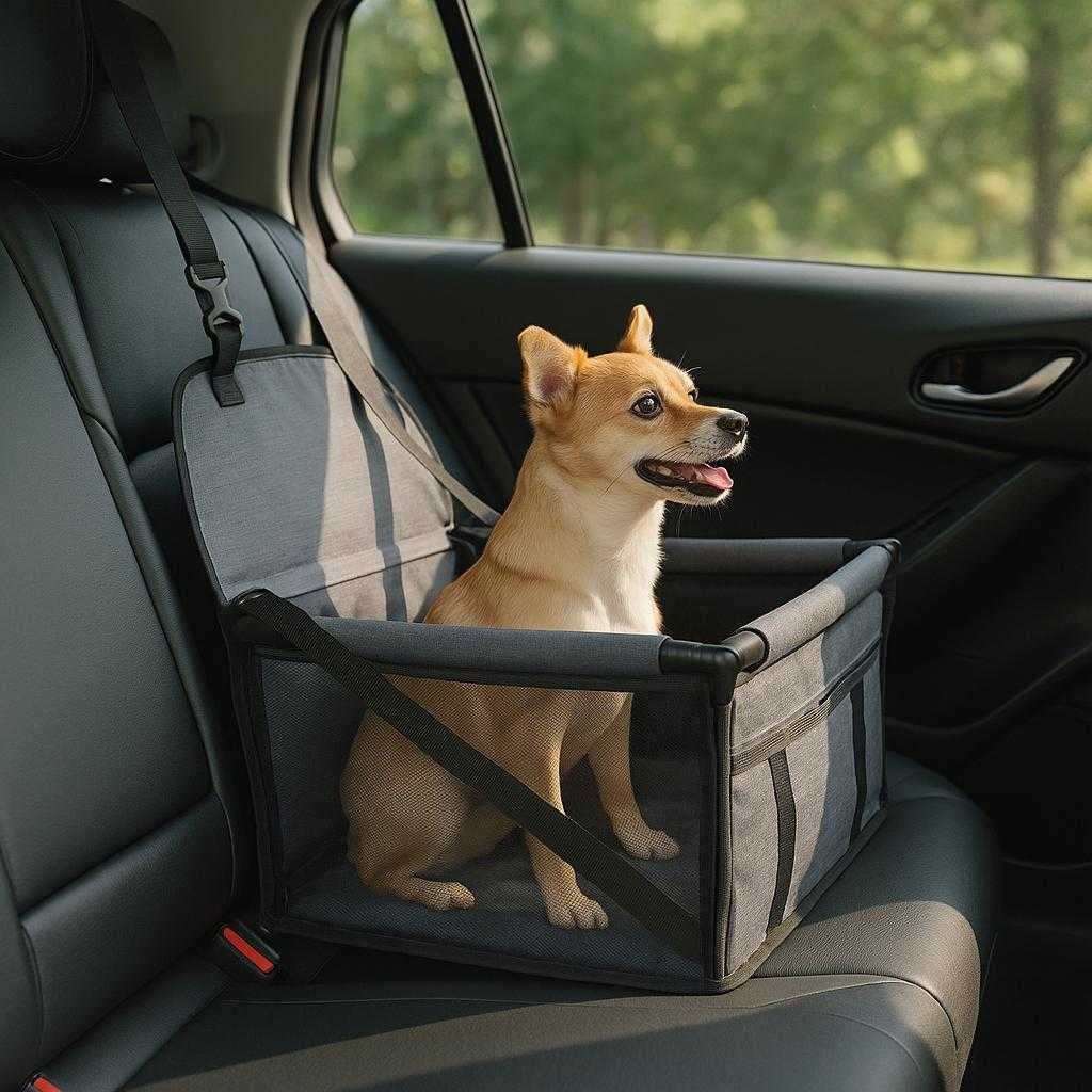 hundesde-til-bil-foldbar-vandtt-og-sikker-gr-o_15061933425027_scene1 Hundesæde til bil - Foldbar, Vandtæt og Sikker - Grå og Sort Farve: A realistic car interior where the Hundesæde til bil is properly grounded on the back seat, securely fastened with a seatbelt.