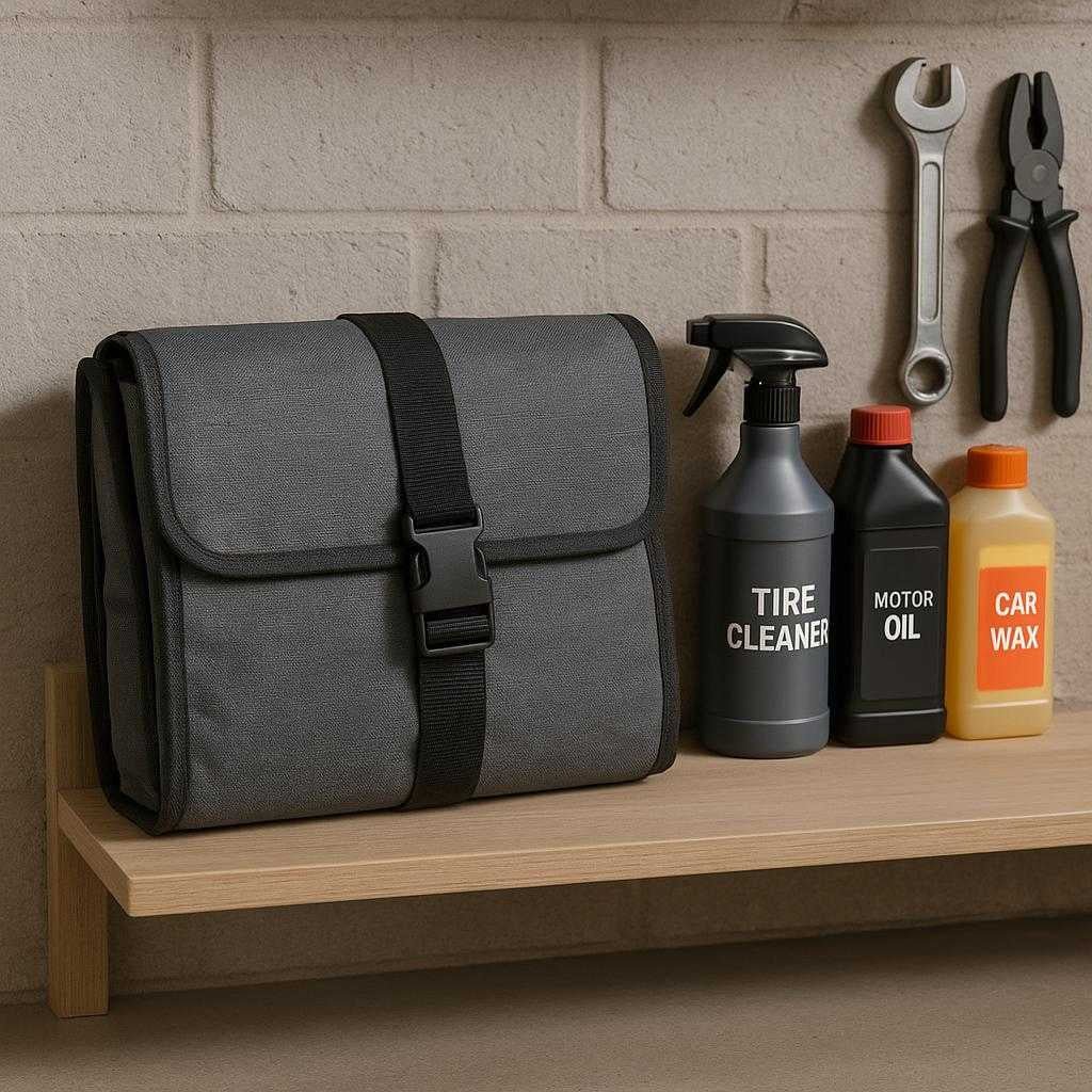 hundesde-til-bil-foldbar-vandtt-og-sikker-gr-o_15061933425027_scene2 Hundesæde til bil - Foldbar, Vandtæt og Sikker - Grå og Sort Farve: A different realistic home garage setting where the Hundesæde til bil is neatly folded and stored on a shelf next to car maintenance tools.