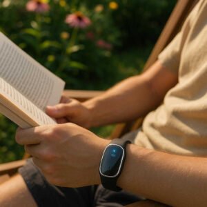 Insektafvisende Armbånd med Ultrasonisk Teknologi – Hold Myggene Væk med Stil i Sort eller Hvid: A realistic garden setting where the Insektafvisende Armbånd is properly grounded on a person's wrist, with the person enjoying a late afternoon reading on a wooden lounge chair, surrounded by plants and flowers.
