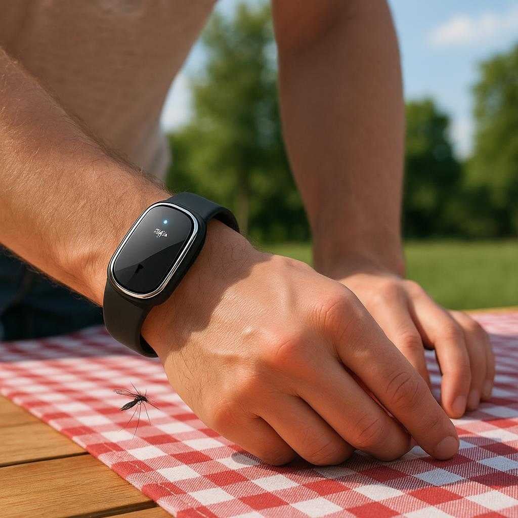 insektafvisende-armbnd-med-ultrasonisk-teknologi_15213353107843_scene2 Insektafvisende Armbånd med Ultrasonisk Teknologi – Hold Myggene Væk med Stil i Sort eller Hvid: A different realistic outdoor dining setting where the Insektafvisende Armbånd is securely positioned on a wrist, as the person is setting up a picnic table with a checkered cloth.