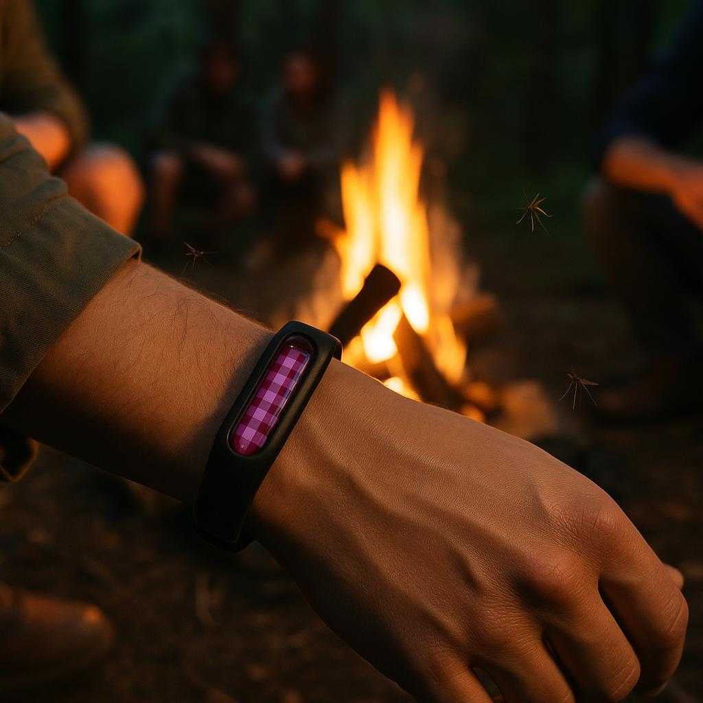 insektafvisende-silikone-armbnd-moderne-og-prakt_15213353075075_scene1 Insektafvisende Silikone Armbånd - Moderne og Praktisk Beskyttelse mod Myg og Insekter - Tilgængelig i Sort, Orange og Gul: A realistic outdoor camping scene where the product is properly grounded on a person's wrist while they are seated by a campfire, surrounded by nature.
