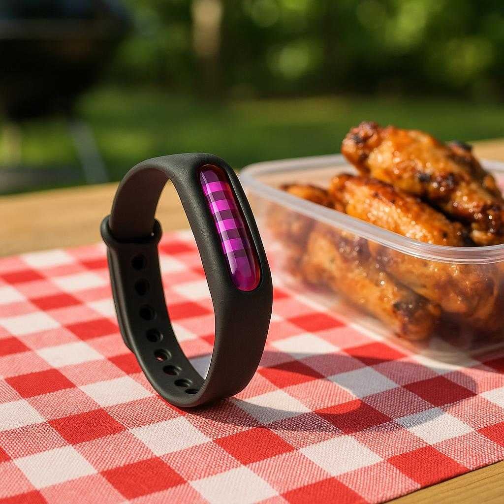 insektafvisende-silikone-armbnd-moderne-og-prakt_15213353075075_scene2 Insektafvisende Silikone Armbånd - Moderne og Praktisk Beskyttelse mod Myg og Insekter - Tilgængelig i Sort, Orange og Gul: A different realistic backyard barbecue setting where the product is securely positioned on a picnic table next to a container of food, indicating its use as an insect deterrent.