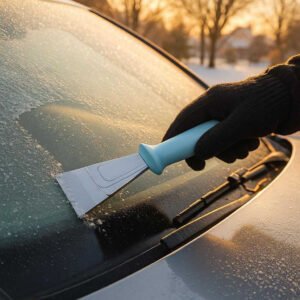Isskraber - Lyseblå Med Ergonomisk Greb og Rustfrit Stål, Perfekt Til Vinterbrug: A realistic outdoor winter setting in a driveway, where the product is properly grounded on the windshield of a car, being actively used by gloved hands to scrape off frost in the early morning.