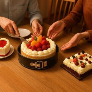 Jule bage sæt i metal med non-stick og fjederlås - Tredelt Jakkesæt: A different realistic dining room setting where the product is securely positioned on a wooden dining table.